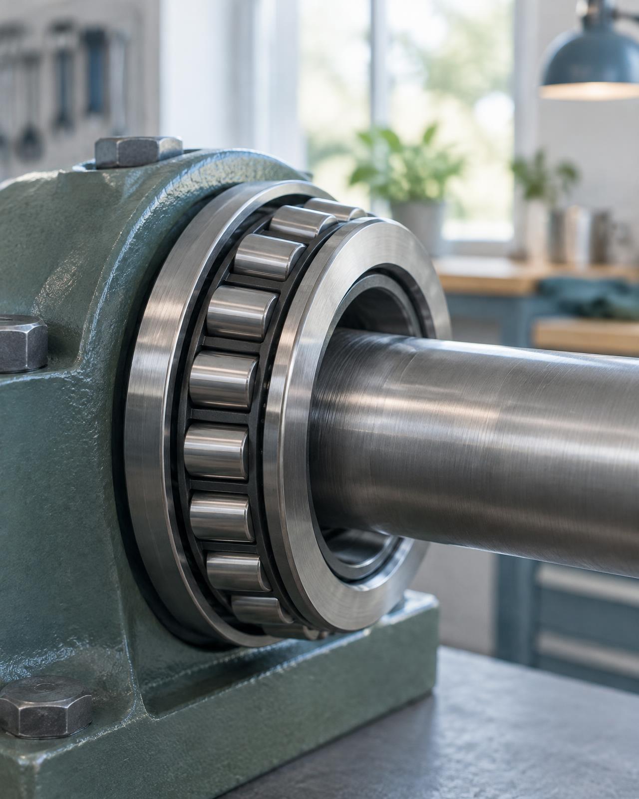 Close-up of a precision roller bearing on a steel shaft